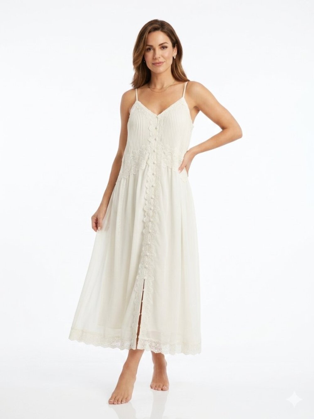 NWT CAROLINE CONSTAS WHITE CHIFFON LACE BOHO MAXI FLOWY DRESS